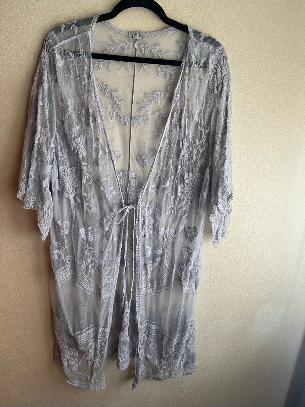 POL Sheer Embroidered Kimono Robe - Gray
